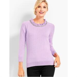 Talbots New Lilac Sweater Ruffle Collar Jewel Cashmere Cotton Blend Size P $109
